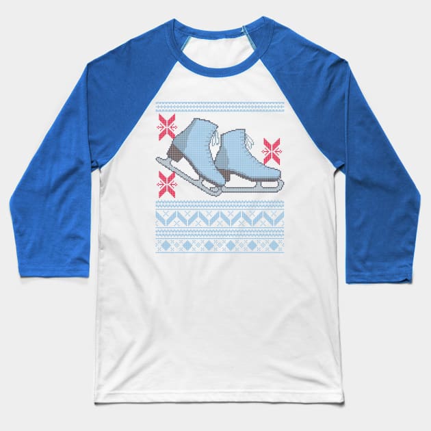 Ugly Christmas Sweater design with Ice Skates and Snowflakes Baseball T-Shirt by YourGoods